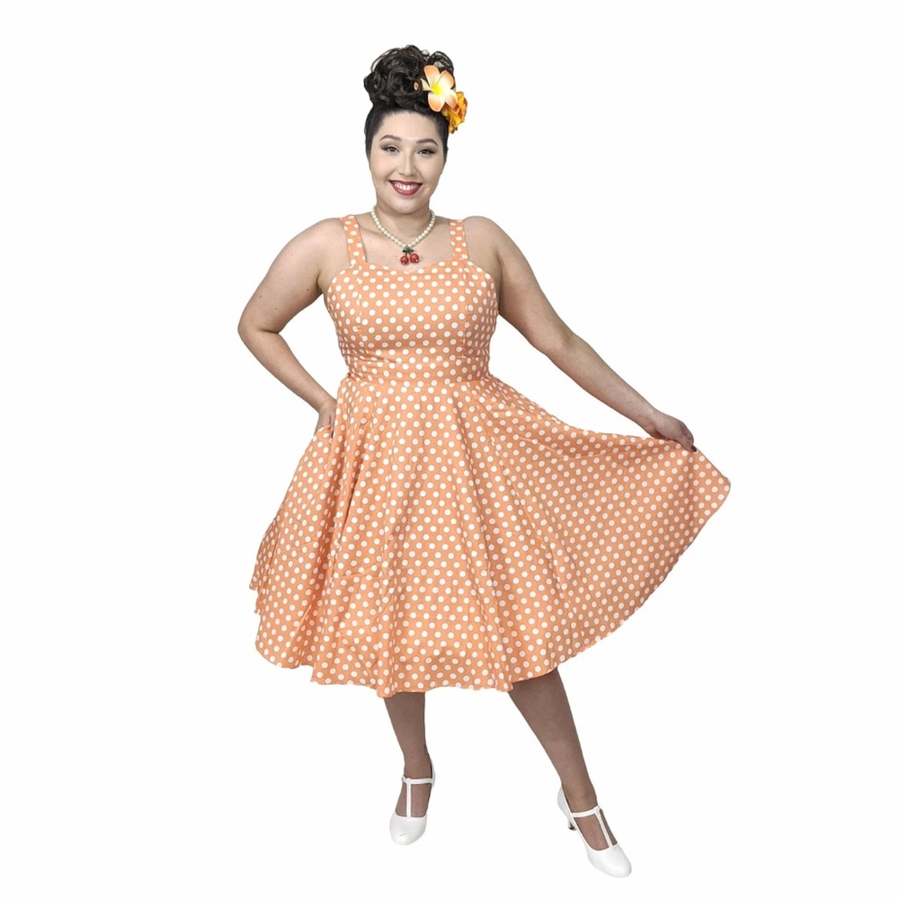 Glitz,glam & rebellion-M-orange&white polkadot,lined,fit& flare,sleeveless dress